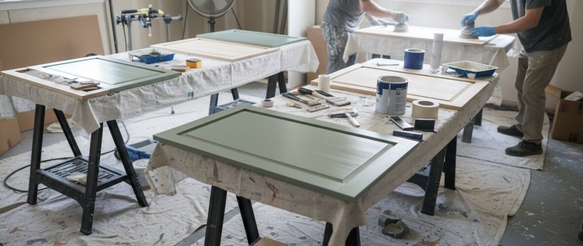 Two artisans in a workshop sanding and finishing green door panels on worktables covered with drop cloths.