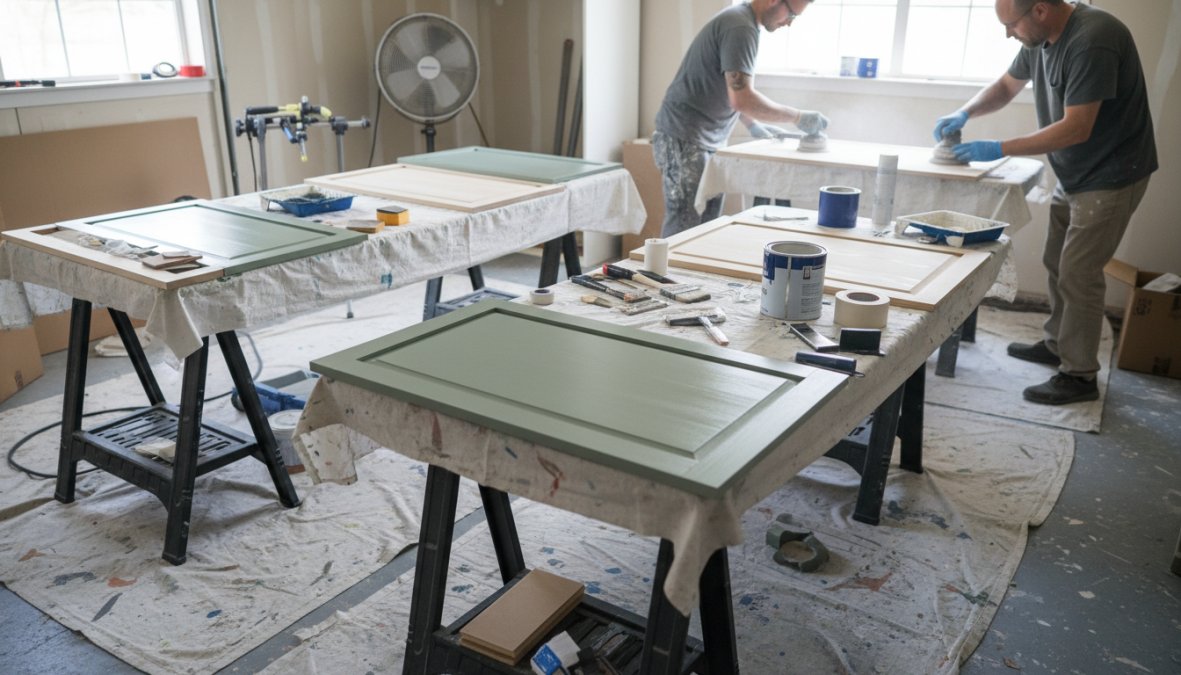 Two artisans in a workshop sanding and finishing green door panels on worktables covered with drop cloths.