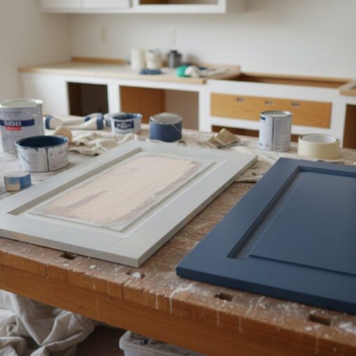 Person brushes a navy cabinet door on a workshop table with paint cans and tools around. A second grey door is primed nearby; both atop a dust-sprinkled workbench.