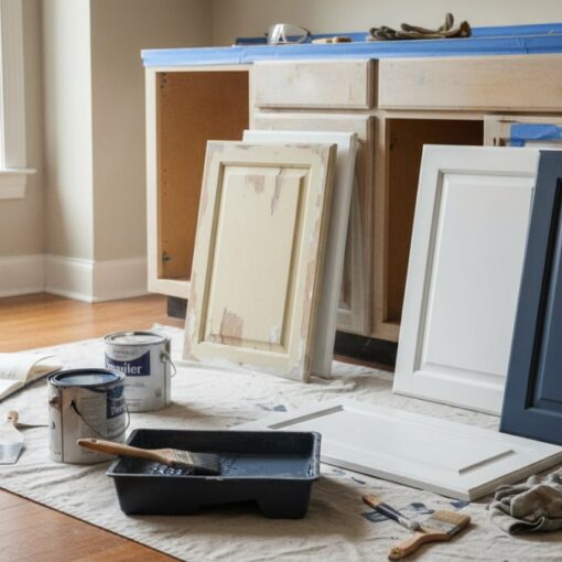 Painting renovation scene: cabinet doors removed and propped against the wall, with paint cans, brushes, and a drop cloth on the floor by a window.