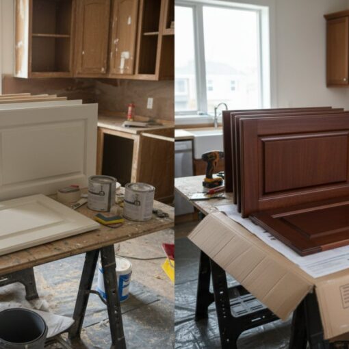 Split image of a kitchen renovation: white-painted cabinet doors on the left workbench and finished dark brown doors on the right, with paint cans and tools nearby.