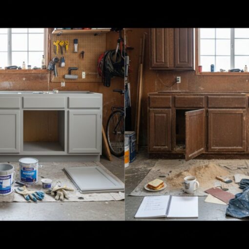 Split view of a kitchen renovation: left shows newly painted gray cabinets with tools and paint cans, right shows worn brown cabinets mid-renovation with a messy workspace.