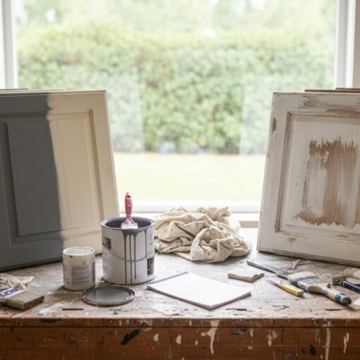 Workshop table with cabinet doors being refinished; paint cans, brushes, and rags scattered. (informative)