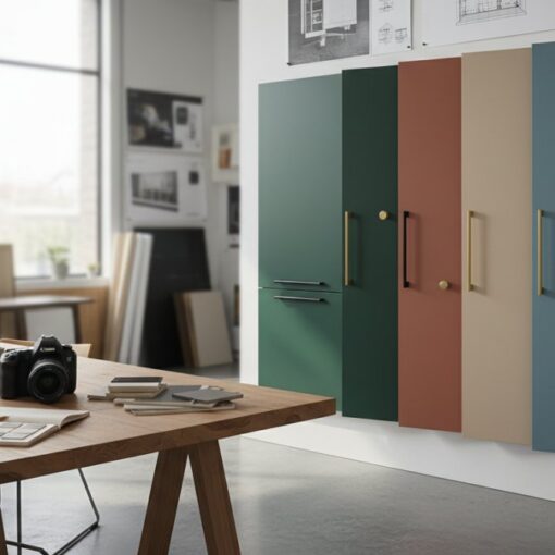 Bright design studio with a wooden worktable cluttered with notebooks, cups, a camera, and drafting tools, facing a wall of tall colorful storage cabinets in green, dark teal, red-brown, beige, blue, and gray.