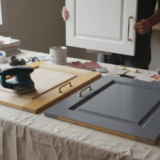 Person standing at a workshop table, holding a white cabinet door while a gray cabinet face rests on the table with hardware nearby.