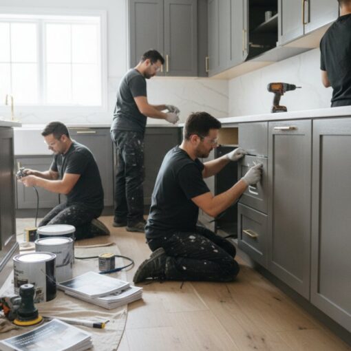 Team of workers installing and finishing grey kitchen cabinets during a renovation. Several tools and paint cans are on the floor.