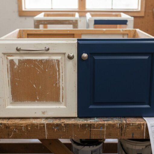 Two cabinet doors in progress on a workbench, one white distressed panel and one blue shaker panel, with tools and paint cans nearby.