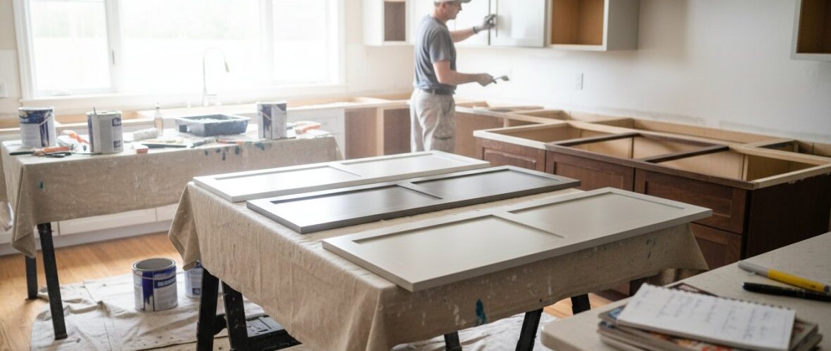 Renovation scene: a worker paints cabinet doors in a bright, unfinished kitchen with tools and paint cans on tables nearby