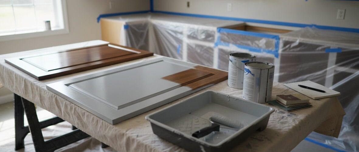 Kitchen under renovation with cabinet doors laid on a worktable, paint cans, and a paint tray; walls protected with plastic sheeting and blue painter's tape.