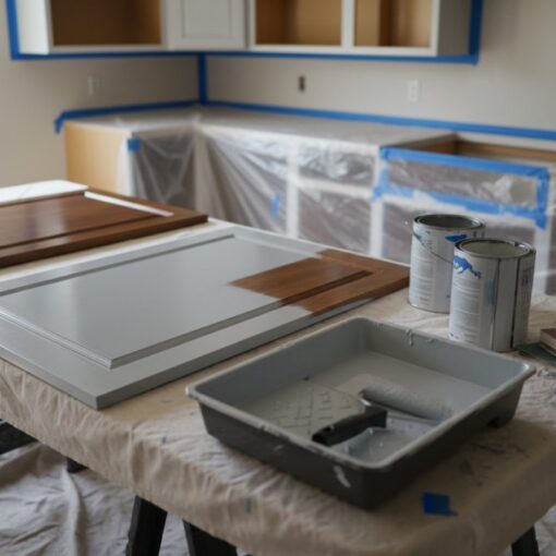 Kitchen under renovation with cabinet doors laid on a worktable, paint cans, and a paint tray; walls protected with plastic sheeting and blue painter's tape.