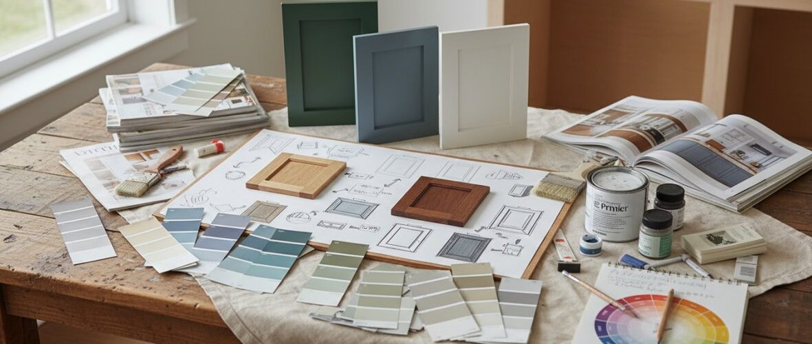 Interior design workspace with color swatches, paint cans, wooden samples, and color wheel on a wooden table by a window.
