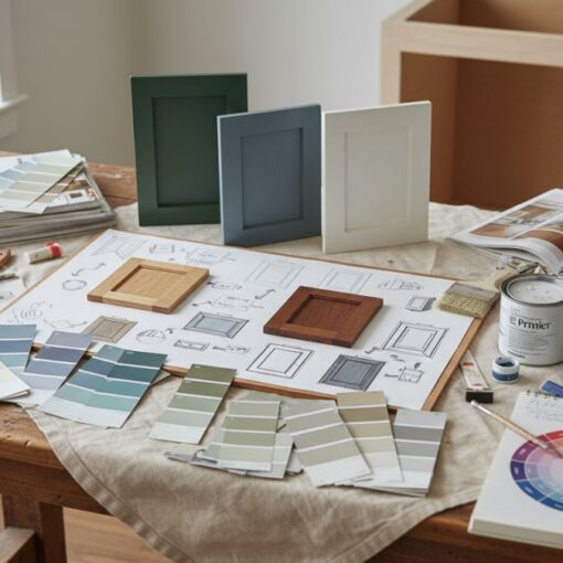 Interior design workspace with color swatches, paint cans, wooden samples, and color wheel on a wooden table by a window.