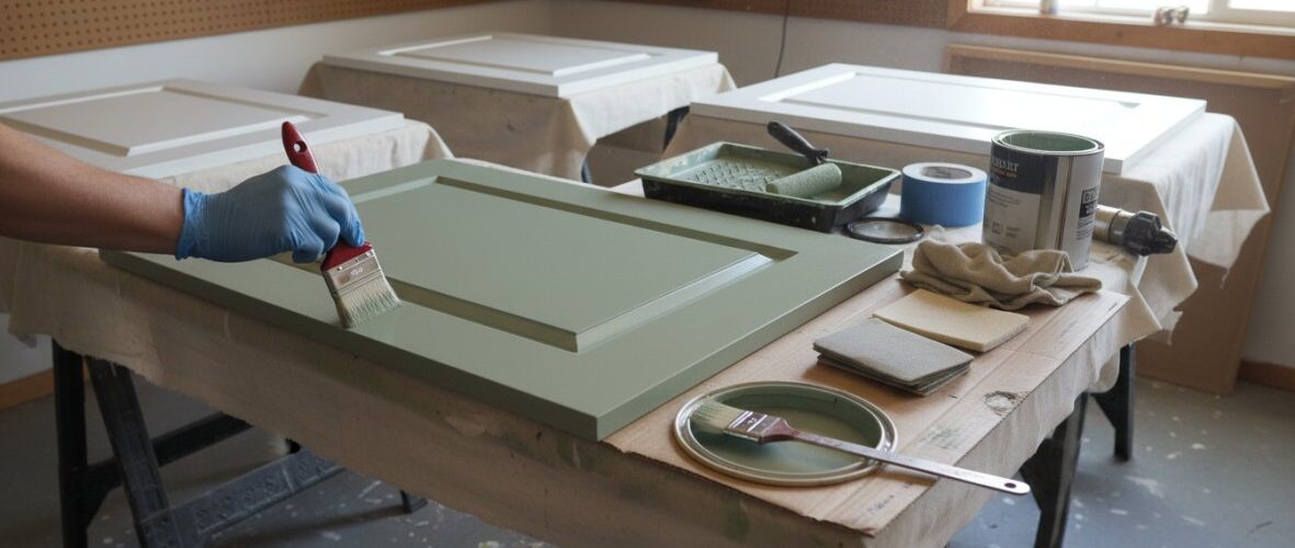 Person wearing a blue glove brushes pale green cabinet doors in a workshop, with paint can, roller tray, swatches, and tools on a covered work table.