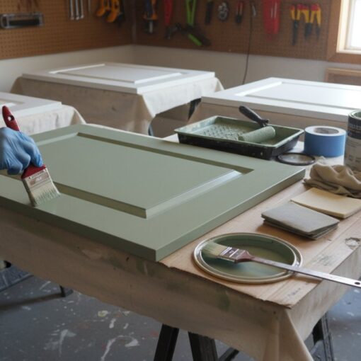 Person wearing a blue glove brushes pale green cabinet doors in a workshop, with paint can, roller tray, swatches, and tools on a covered work table.