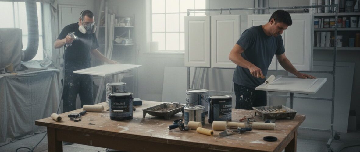 Two men painting and sanding cabinets in a bright workshop; one sprays with a mask, the other sands a door.
