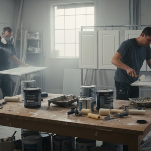 Two men painting and sanding cabinets in a bright workshop; one sprays with a mask, the other sands a door.