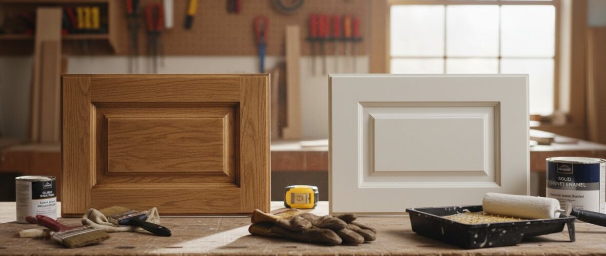 Two cabinet doors on a workbench: natural oak left, white framed right, with brushes, gloves, and paint supplies in the background.