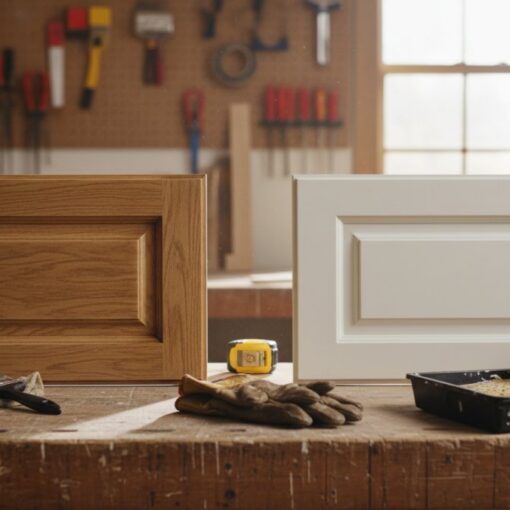 Two cabinet doors on a workbench: natural oak left, white framed right, with brushes, gloves, and paint supplies in the background.