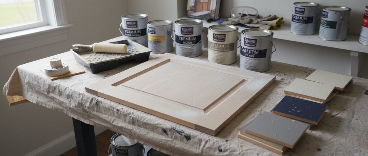 Woodworking table with a framed wooden panel, paint cans, roller, and color swatches laid out nearby.