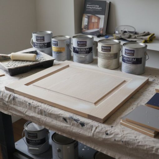Woodworking table with a framed wooden panel, paint cans, roller, and color swatches laid out nearby.