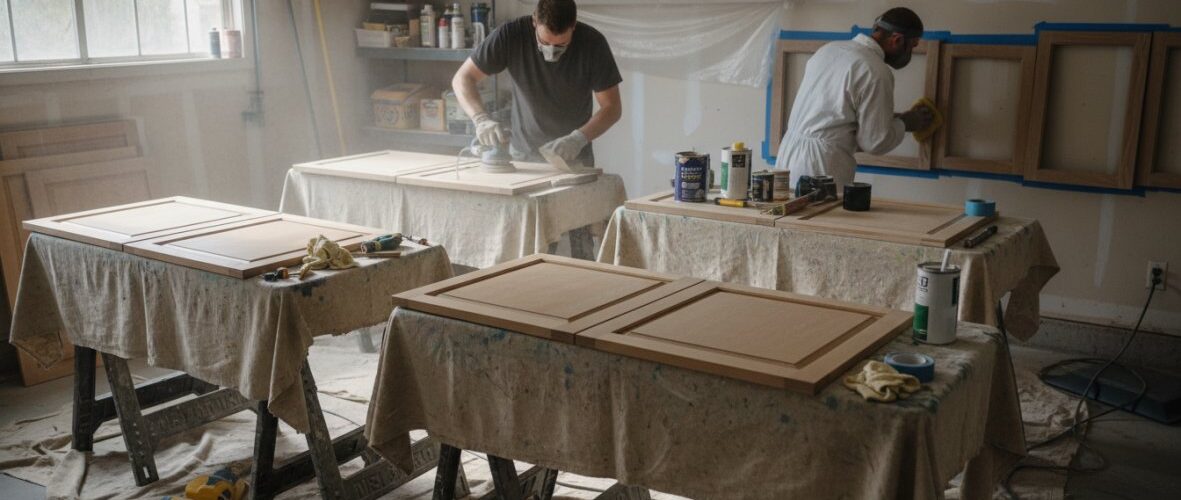Two workers in masks sand cabinet doors at a woodworking shop, with cans of paint and tools on nearby tables and shelves in the background.