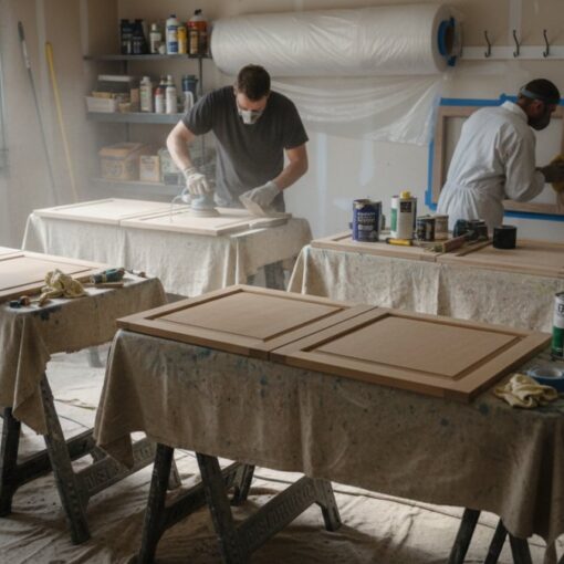 Two workers in masks sand cabinet doors at a woodworking shop, with cans of paint and tools on nearby tables and shelves in the background.