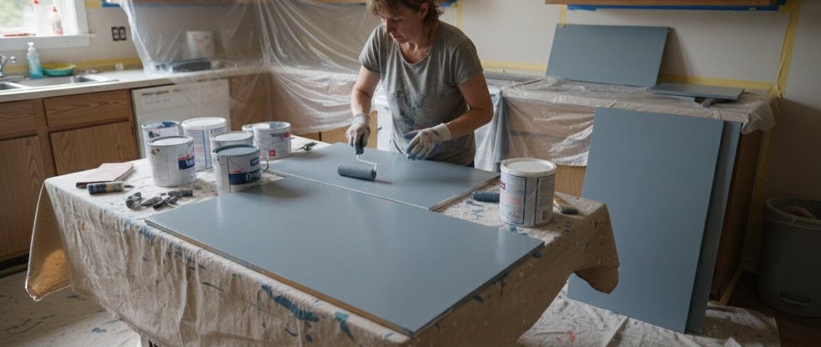 Woman painting blue cabinet doors on a makeshift painting table in a kitchen renovation, with paint cans and plastic sheeting protecting the area.