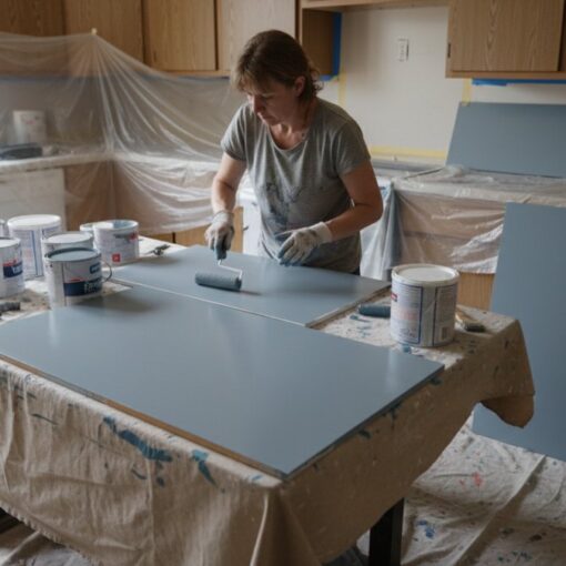 Woman painting blue cabinet doors on a makeshift painting table in a kitchen renovation, with paint cans and plastic sheeting protecting the area.