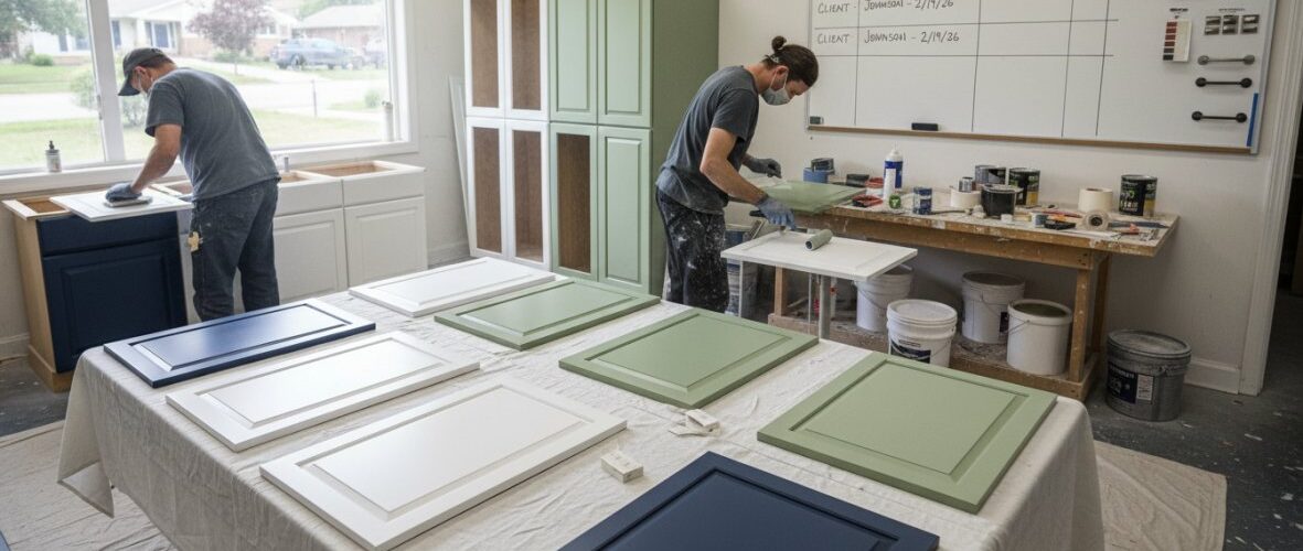 Two painters in a bright workshop painting cabinet doors and panels laid out on a table, with green and navy blue door fronts nearby and a whiteboard with notes in the background.
