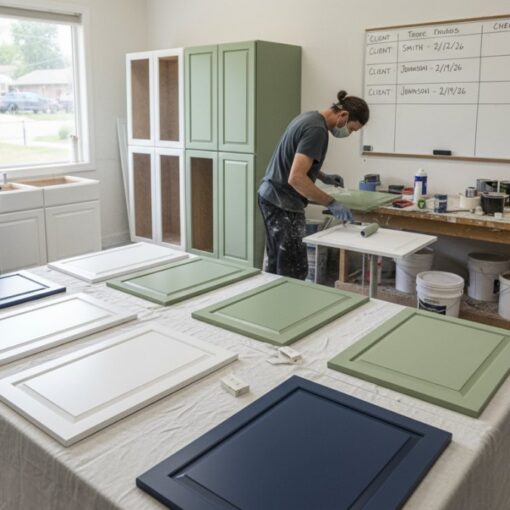Two painters in a bright workshop painting cabinet doors and panels laid out on a table, with green and navy blue door fronts nearby and a whiteboard with notes in the background.