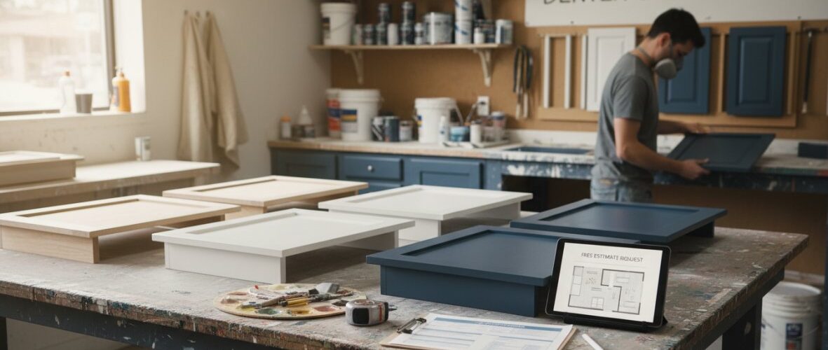 Workshop scene with cabinet doors on a workbench and a craftsman painting in the background; painting supplies are on shelves behind him.