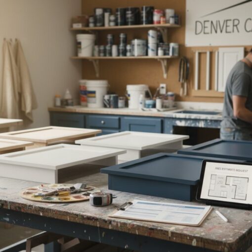 Workshop scene with cabinet doors on a workbench and a craftsman painting in the background; painting supplies are on shelves behind him.
