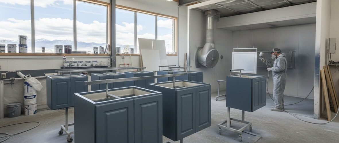 Workshop or paint booth with blue cabinet frames on rolling stands; a worker in protective suit sprays a cabinet with a spray gun and hose nearby.