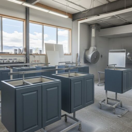 Workshop or paint booth with blue cabinet frames on rolling stands; a worker in protective suit sprays a cabinet with a spray gun and hose nearby.