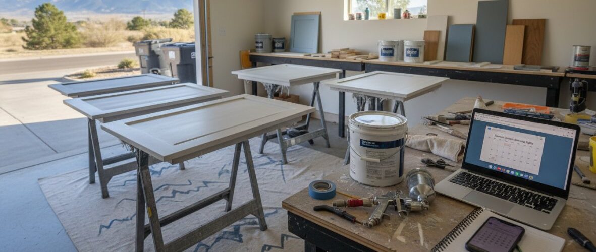 Woodworking shop with white cabinet doors drying on sawhorses; laptop, tools, and paint cans on a workbench behind them.