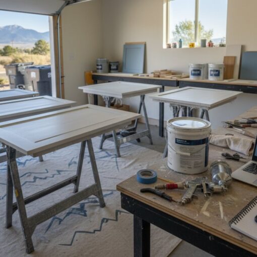 Woodworking shop with white cabinet doors drying on sawhorses; laptop, tools, and paint cans on a workbench behind them.