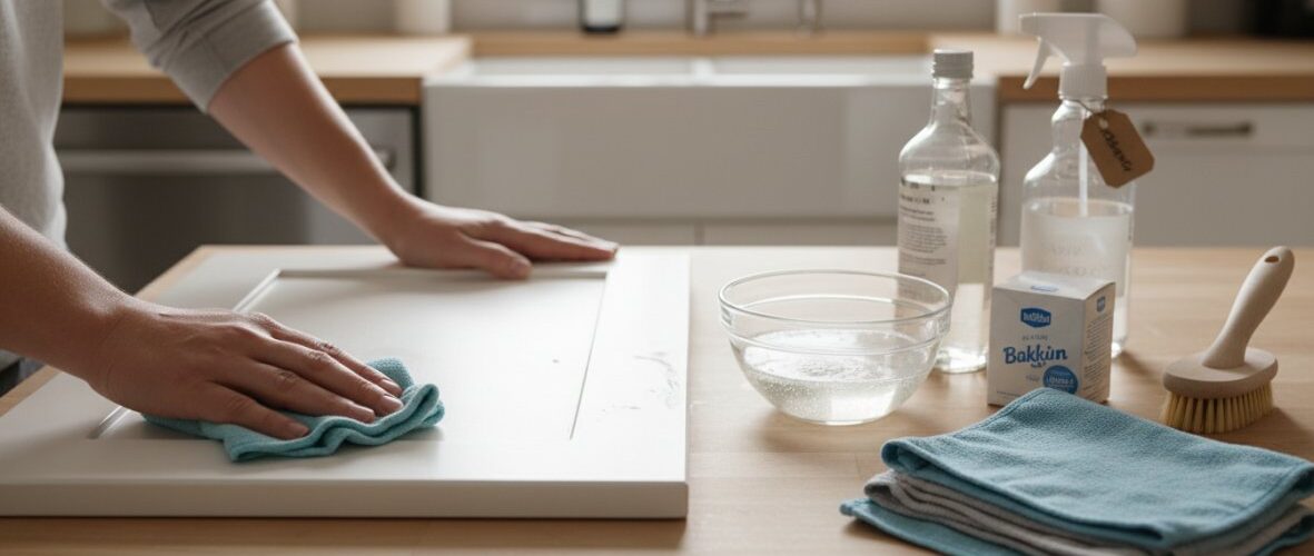 Person wiping a white cutting board with a blue cloth in a bright kitchen, preparing to clean.
