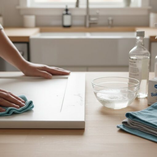 Person wiping a white cutting board with a blue cloth in a bright kitchen, preparing to clean.
