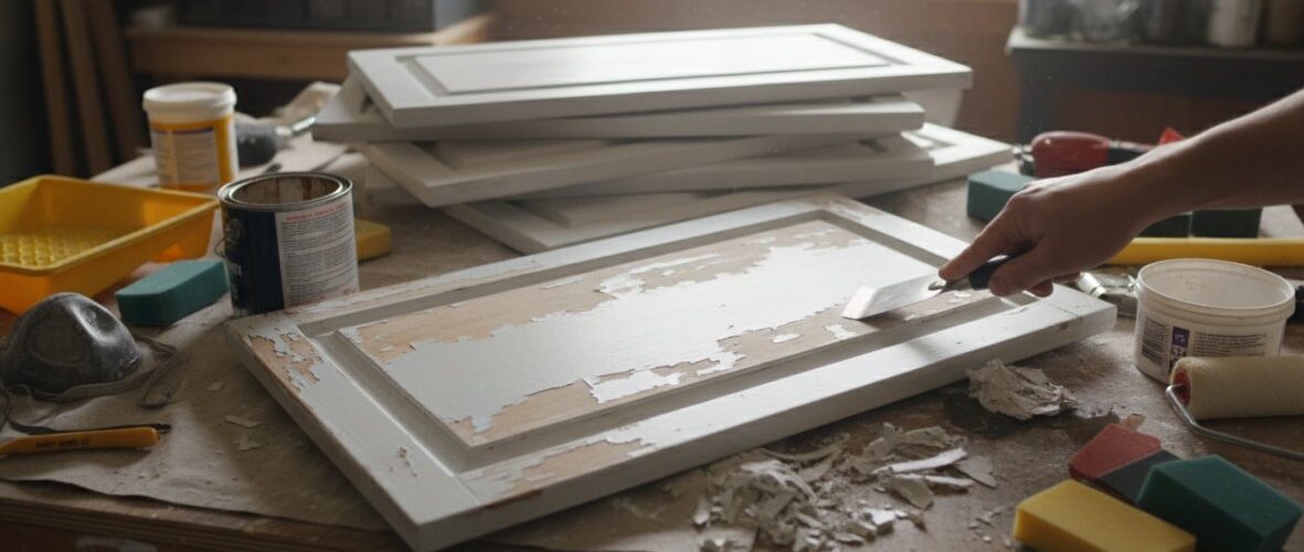 Hands sanding a white, paneled cabinet door on a cluttered workshop table with paint cans and foam brushes nearby, during refinishing prep.