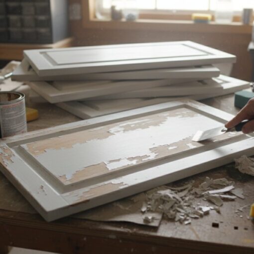 Hands sanding a white, paneled cabinet door on a cluttered workshop table with paint cans and foam brushes nearby, during refinishing prep.