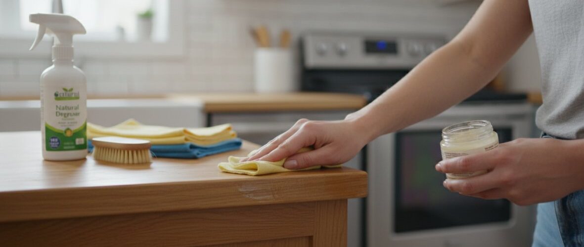 Person wipes a wooden kitchen island with a yellow cloth, with a spray bottle and jar of cleaner on the counter to the left.