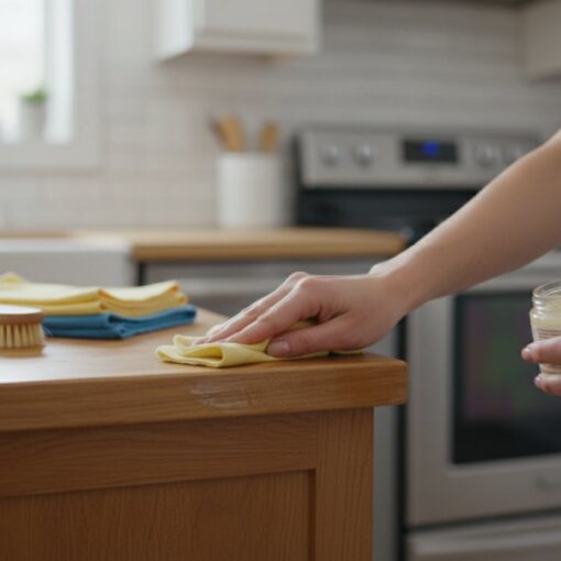 Person wipes a wooden kitchen island with a yellow cloth, with a spray bottle and jar of cleaner on the counter to the left.