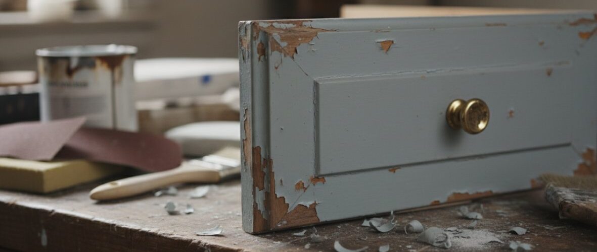 A small blue wooden drawer with a brass knob sits on a workbench, peeling paint and wood chips scattered around in a workshop.