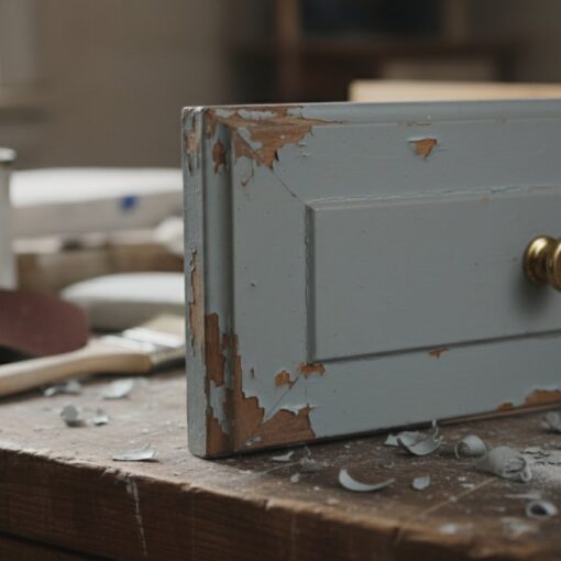 A small blue wooden drawer with a brass knob sits on a workbench, peeling paint and wood chips scattered around in a workshop.