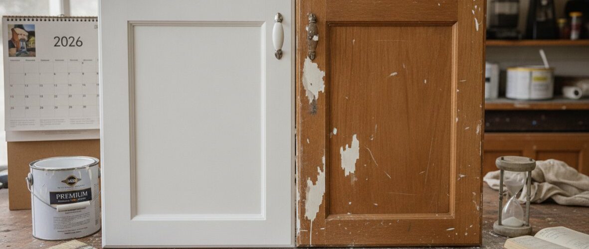 Two cabinet doors on a workbench: a freshly painted white door beside a worn brown door with chipped finish, with a paint can and brush nearby.