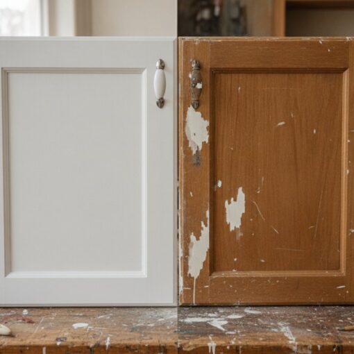Two cabinet doors on a workbench: a freshly painted white door beside a worn brown door with chipped finish, with a paint can and brush nearby.