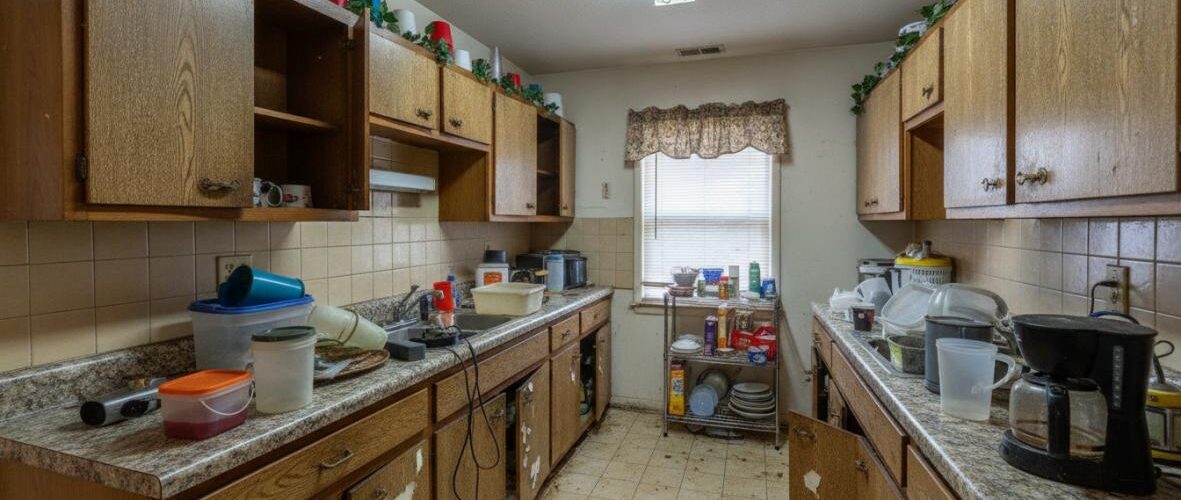 Old wooden kitchen with cluttered counters, open cabinets, and a coffee maker; dishes and containers scattered around on the counters and sink area.