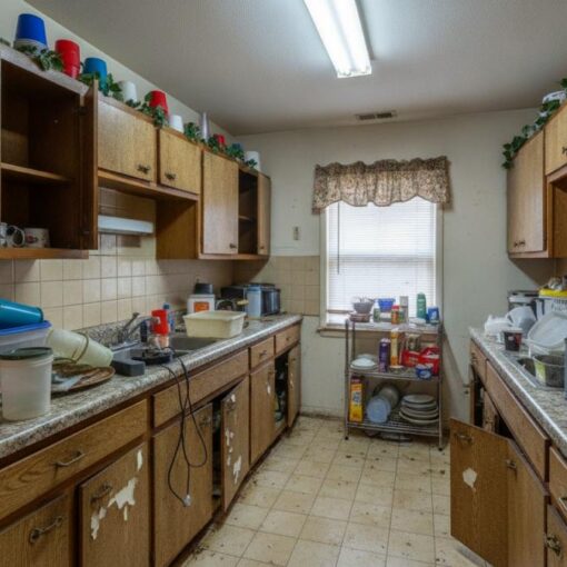 Old wooden kitchen with cluttered counters, open cabinets, and a coffee maker; dishes and containers scattered around on the counters and sink area.