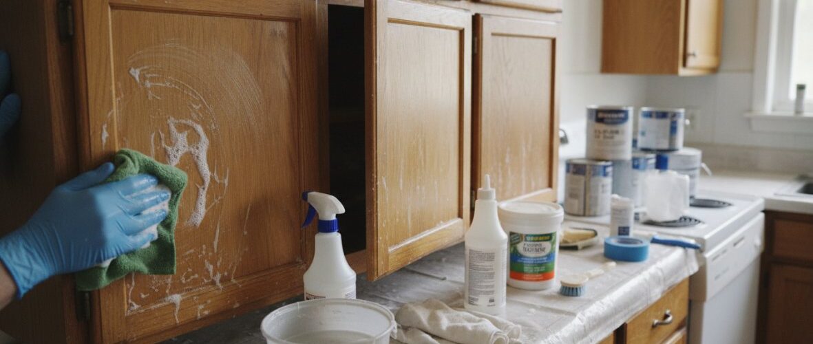 Gloved hand wipes a wooden kitchen cabinet door with a green cloth; cleaners and spray bottle on the counter nearby.