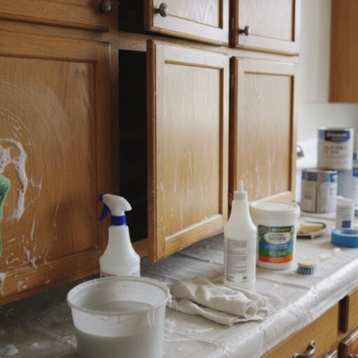Gloved hand wipes a wooden kitchen cabinet door with a green cloth; cleaners and spray bottle on the counter nearby.